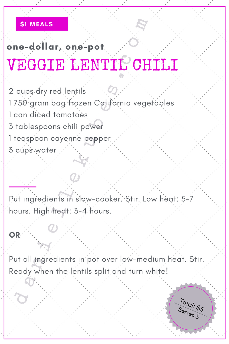 Veggie Lentil Chili: 1-dollar-1-pot meal